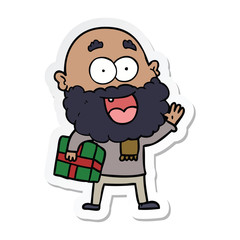 sticker of a cartoon crazy happy man with beard and gift under arm