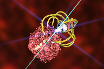 Nanorobot attacking cancer cell, nanotechnology medical concept, 3D illustration. Nano sized robots developed to treat cancer