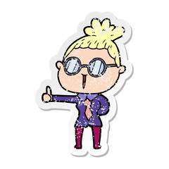 distressed sticker of a cartoon woman wearing spectacles