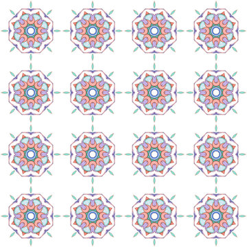 Watercolor seamless pattern with ethnic geometric motifs in style of Spanish Azulejo. Abstract fishnet Oriental arabesques in delicate pink, green and blue shades for ceramics, textile and pacaging