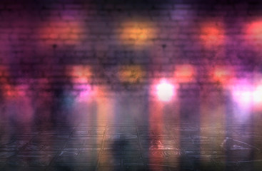 Empty scene background. Empty brick wall, concrete floor, spotlight, multicolored neon rays, bokeh.
