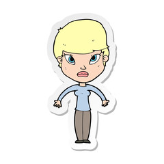 sticker of a cartoon woman shrugging shoulders