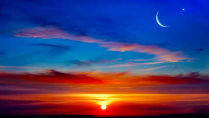 New moon. Prayer time. Generous Ramadan. Mubarak background. A decline or rising with clouds.