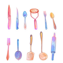 Cutlery sketch set. Imitation of watercolor stains.