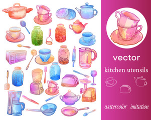 Big set of sketches imitation of watercolor and kitchen appliances.