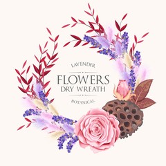Card with lavender and dry flowers wreath