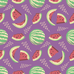 Seamless summer pattern with cartoon water melon and slices on bright purple background