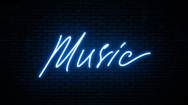 Music, neon inscription isolated against the wall. Vector Illustration