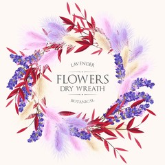 Card with lavender and dry flowers wreath