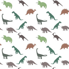 Seamless pattern with multicolors dinosaurs and bright leaf on the white background