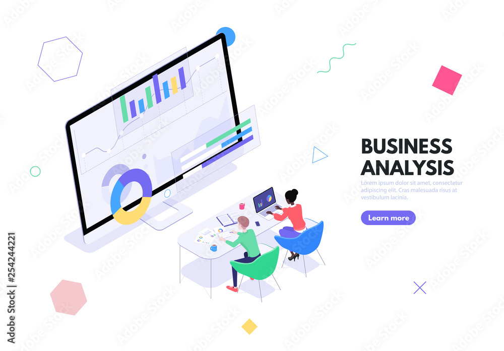 Fototapete a group of workers sits at a table in front of a monitor with graphs and charts. the concept of busi