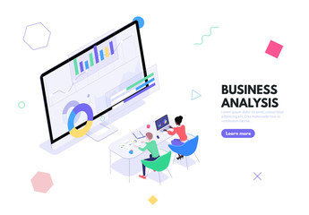 A group of workers sits at a table in front of a monitor with graphs and charts. The concept of business analytics, data analysis and financial management vector isometric illustration