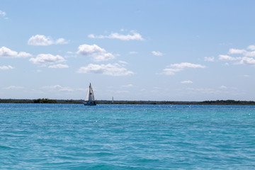 Obraz premium Beautiful Laguna Bacalar. view of the horizon, lagoon of the seven colors in Quintana roo Mexico