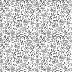 Black and white seamless pattern with flowers and leaves for coloring. Doodle style floral drawing. Coloring page. Summer background. Surface design.  illustration