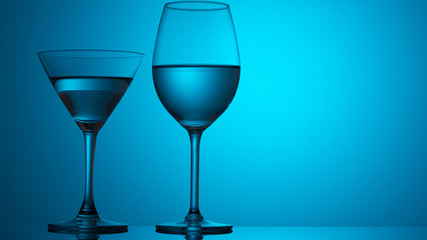 wine glasses dishes on a colored background