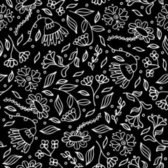 Naklejka premium Black and white abstract seamless flower pattern. Doodle floral drawing textile design in doodle style on black background. Monochrome endless surface texture. Vector illustration