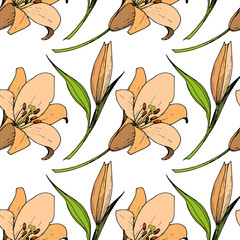 Vector Lily floral botanical flower. Engraved ink art. Seamless background pattern. Fabric wallpaper print texture.