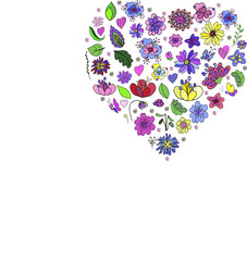 Flower doodle heart isolated elements on white background