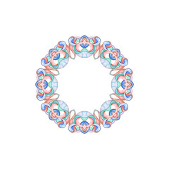 Elegant round had-drawn watercolor pattern frame of ethnic geometric motifs in art Nouveau style and medieval miniatures. Abstract elements in delicate and romantic shades of pink, green and blue