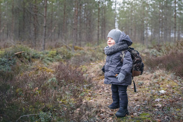 Little boy go hiking with backpack on the forest on a cold day