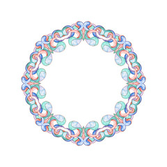 Elegant round had-drawn watercolor pattern frame of ethnic geometric motifs in art Nouveau style and medieval miniatures. Abstract elements in delicate and romantic shades of pink, green and blue