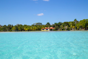 houses and hotels on the shore of the Bacalar lagoon (lagoon of the seven colors) Quintana Roo Mexico