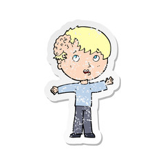 retro distressed sticker of a cartoon boy with growth on head
