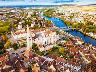 Aerial view of famous old town Auxerre with river in  France