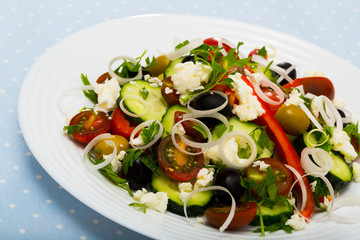 Salad with tomato, brynza cheese, onion and cucumber, sopska salata