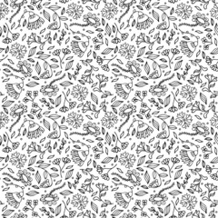 Black and white seamless pattern with flowers and leaves for coloring. Doodle style floral drawing. Coloring page. Summer background. Surface design. Vector illustration