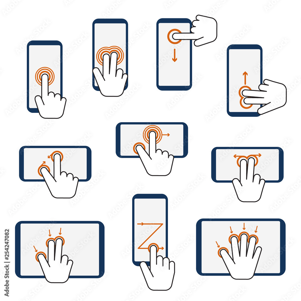 Poster hand touchscreen gestures device icon set. vector