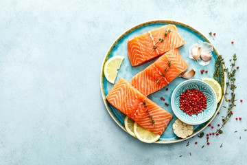 Seafood. Fresh raw salmon or trout fillets with ingredients, top view, space for a text - 254247010
