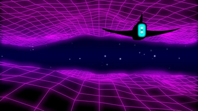 Retro 1980s synthwave glowing neon lights landscape fly-over animation with starship silhouette - seamless loopable