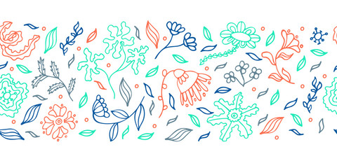 Colored horizontal floral seamless border with hand drawn flowers and leaves in doodle style for your design. Ornate blue and red decorative pattern brush for frame. Vector illustration