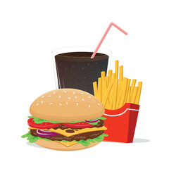 cartoon illustration of hamburger french fries and cola
