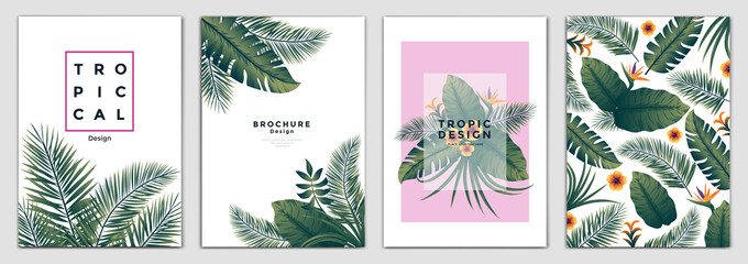 Tropical Brochure Design Layout Template in A4 size, greeting cards. Frame with tropic leaves. Ideal for party poster, greeting card, banner or invitation. Vector Illustration