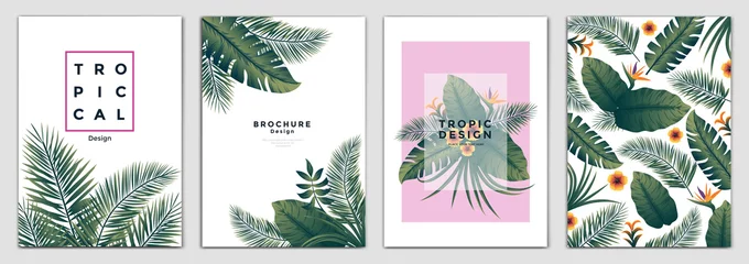 Poster Tropical Brochure Design Layout Template in A4 size, greeting cards. Frame with tropic leaves. Ideal for party poster, greeting card, banner or invitation. Vector Illustration © darkovujic