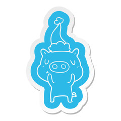 cartoon  sticker of a content pig wearing santa hat
