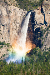 Bridal veil falls close-up with rainbow in Yosemite valley, Yosemite national park in United States of America