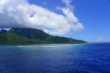 Water view of the island and lagoon of Moorea near Tahiti in French Polynesia, South Pacific