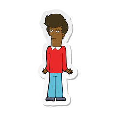 sticker of a cartoon bored man shrugging shoulders
