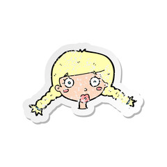 retro distressed sticker of a cartoon confused female face