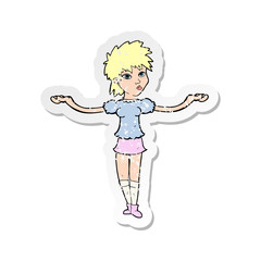 retro distressed sticker of a cartoon woman shrugging shoulders