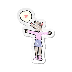 retro distressed sticker of a cartoon werewolf woman in love