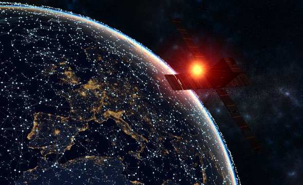 satellite over Europe-Global network concept,the rising sun over the planet earth-3d render