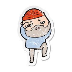 distressed sticker of a cartoon worried man with beard