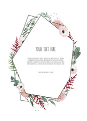 Vector floral design card. Greeting, postcard wedding invite template. Elegant frame with rose and anemone
