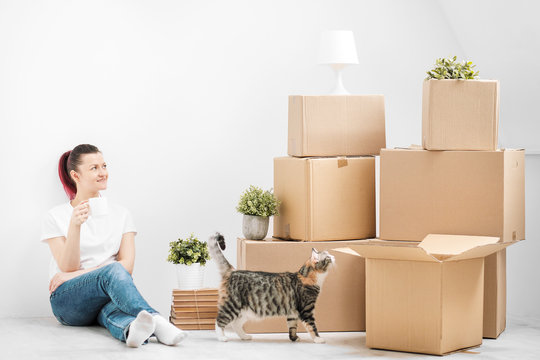 A young beautiful brunette girl in a white T-shirt is sitting on the floor of a bright room and making calls on her smartphone. Around cardboard boxes and a cat.