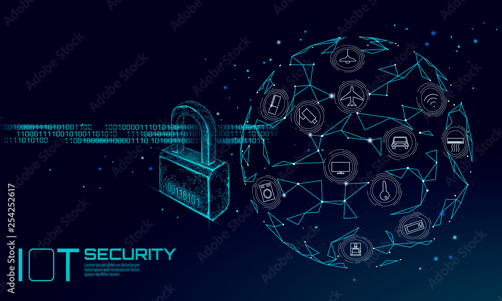Poster iot cyber security padlock concept. personal data safety internet of things smart home cyber attack.