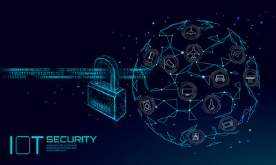 IOT cyber security padlock concept. Personal data safety Internet of Things smart home cyber attack. Hacker attack danger firewall innovation system vector illustration
